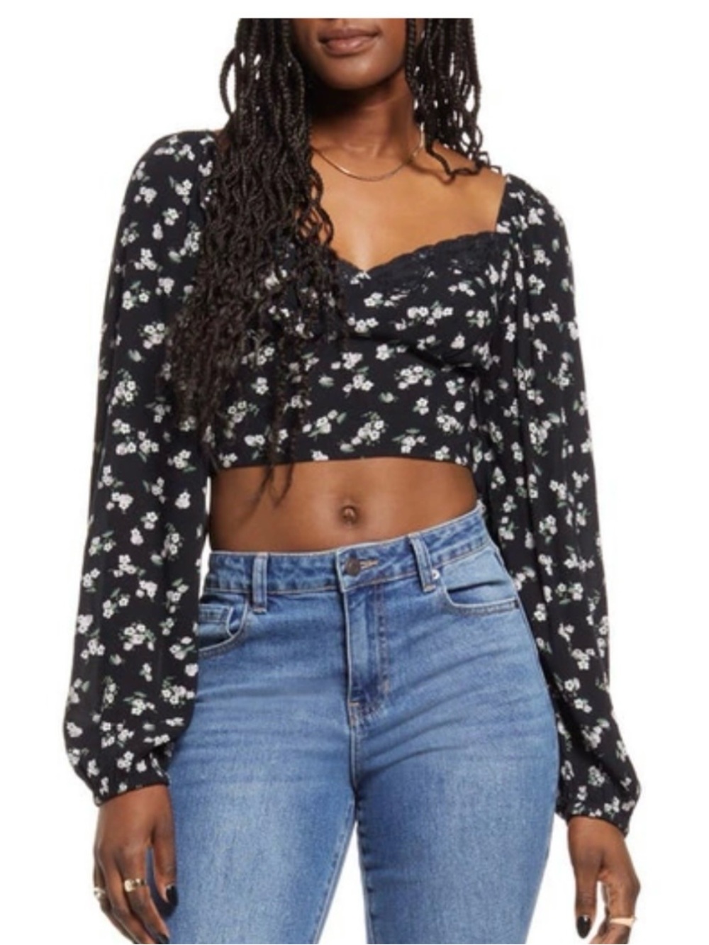 bp Black Floral Lace-Trim Cropped Top & Skirt
